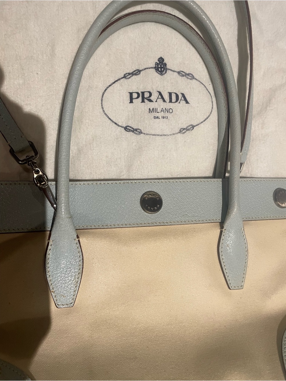 Prada Beige Canvas Tote with Light Blue Leather Trim